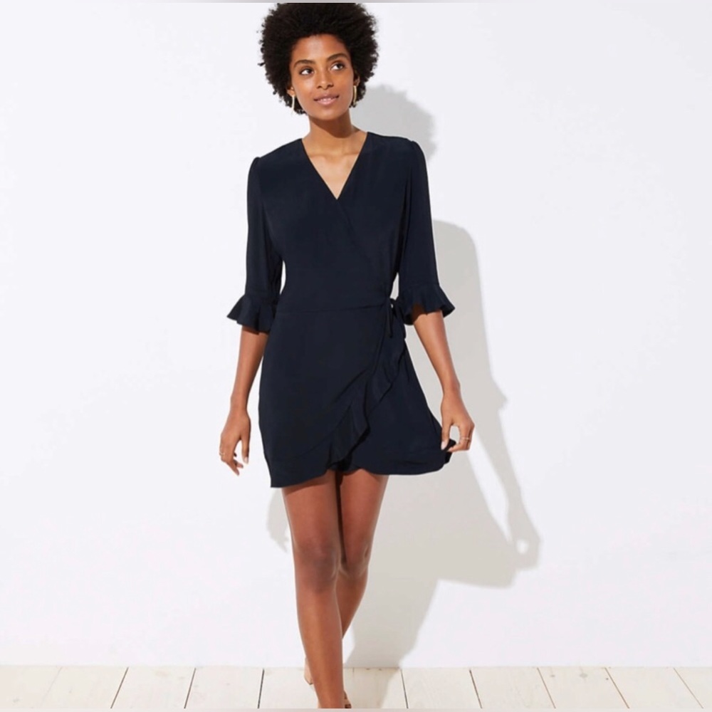 LOFT Navy Wrap Ruffle Romper - Picture 2 of 10